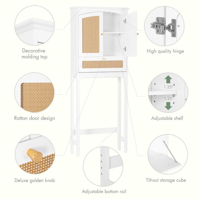 COSTARS Rattan Over Toilet Cabinet: Bathroom Storage with Tilt-Out Cube & Adjustable Shelf
