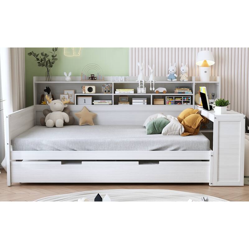 Wooden Full Size Daybed with Storage Shelves, Multi-functional Bed with Twin Size Trundle Bed and Study Desk, Antique White