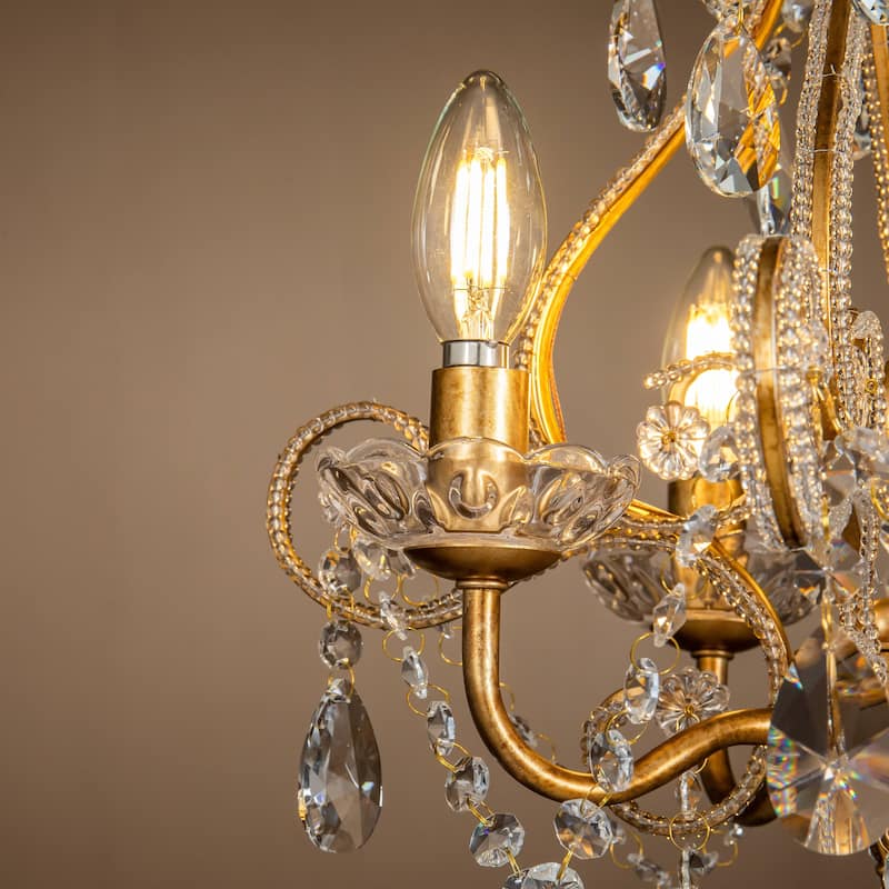 4-Lights Antique Gold Candlestick Chandelier 13in. Pendant Light with Crystal Teardrop Beads - 13 inches