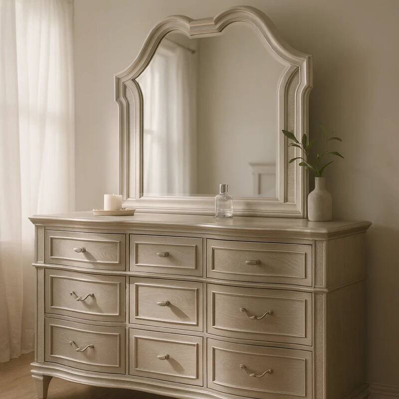 Nive Wide Dresser with Mirror, 9 Drawers, Pearl Knobs, Silver Oak