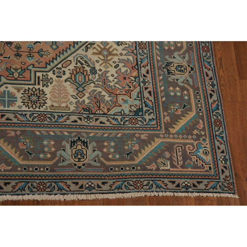 Orange Tabriz Persian Vintage Rug Hand-Knotted Wool Carpet - 6'8" x 9'6"