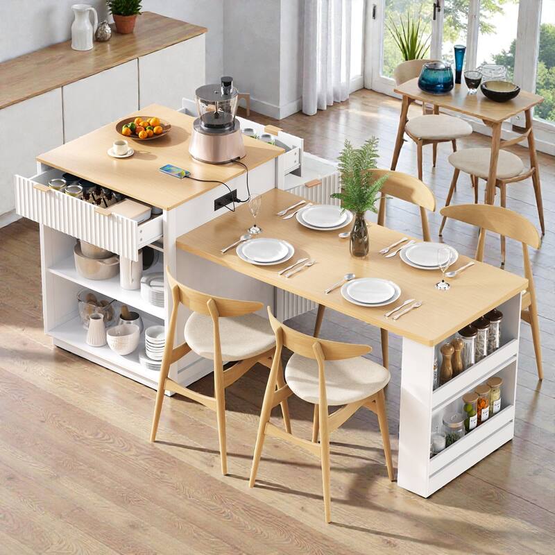 82.6" Fluted Kitchen Island with Extendable Dining Table for 2-6, Power Outlet, Double-Side Storage, Drawers