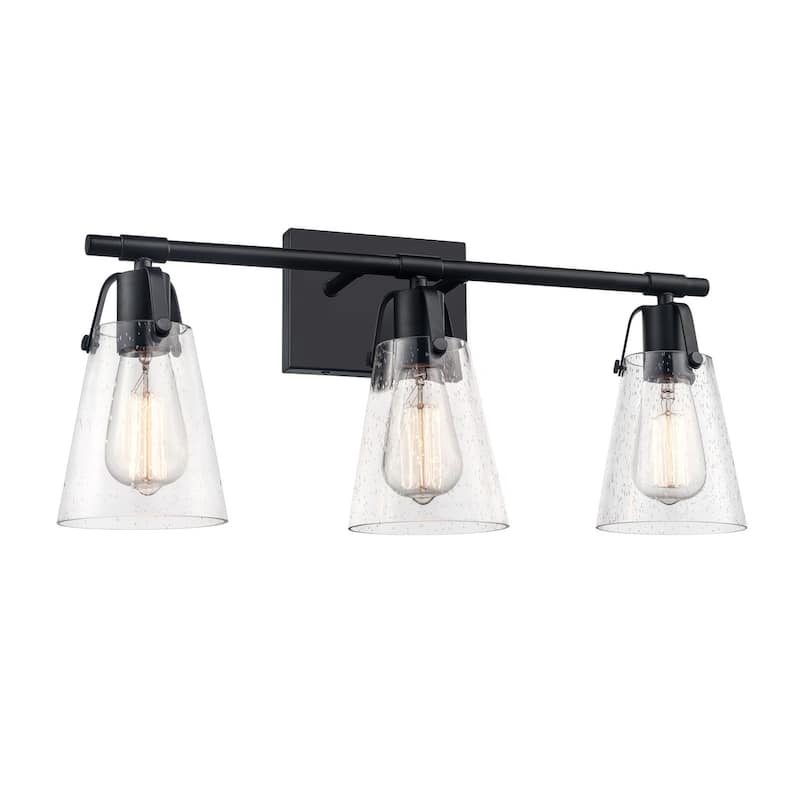 Modern Vanity Light Wall Mount Sconces with Glass Shade - 3-Light - Black/Seeded Glass