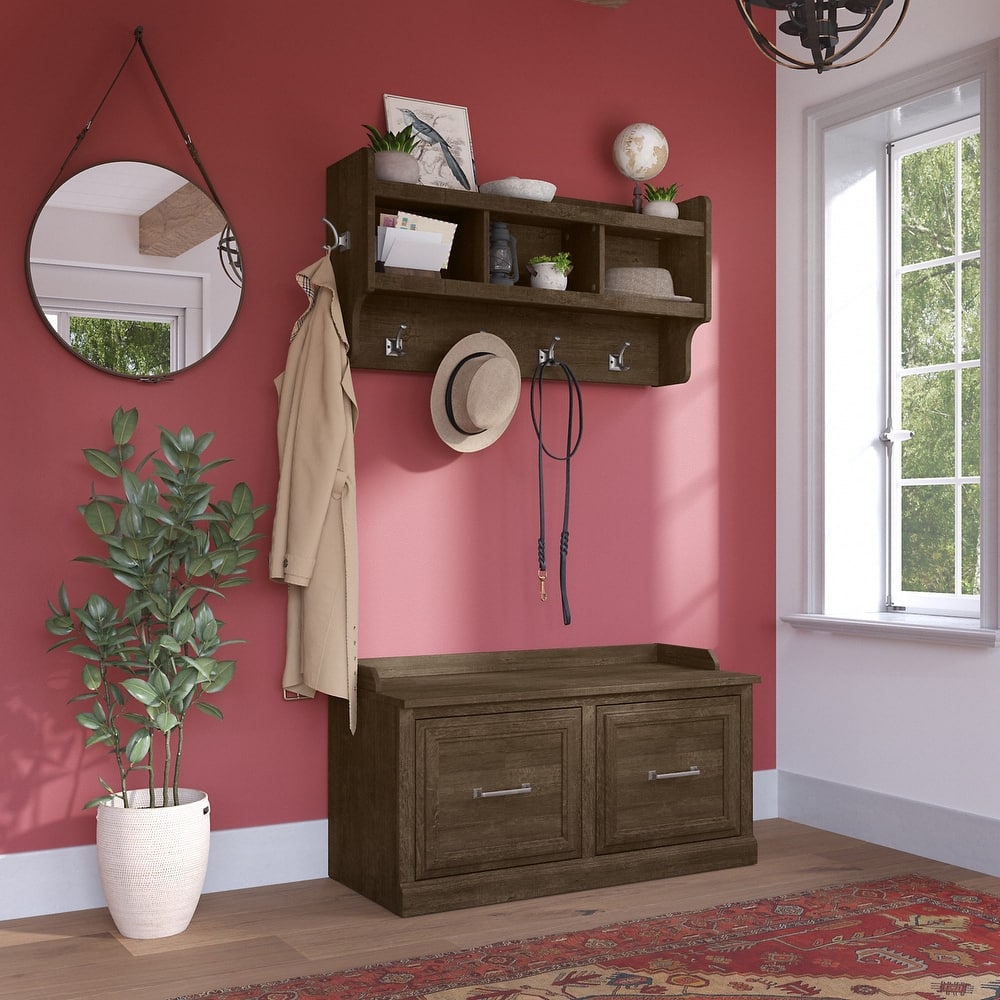 Woodland 40W Shoe Bench with Doors & Wall Coat Rack by Bush Furniture
