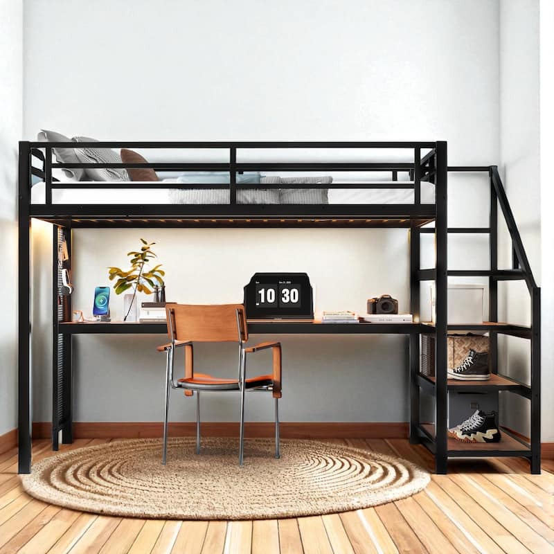 Full/Queen Size Metal Loft Bed with Desk, Storage Stairs, LED Lights, USB Ports and Pegboard, No Box Spring Needed - Black - Queen