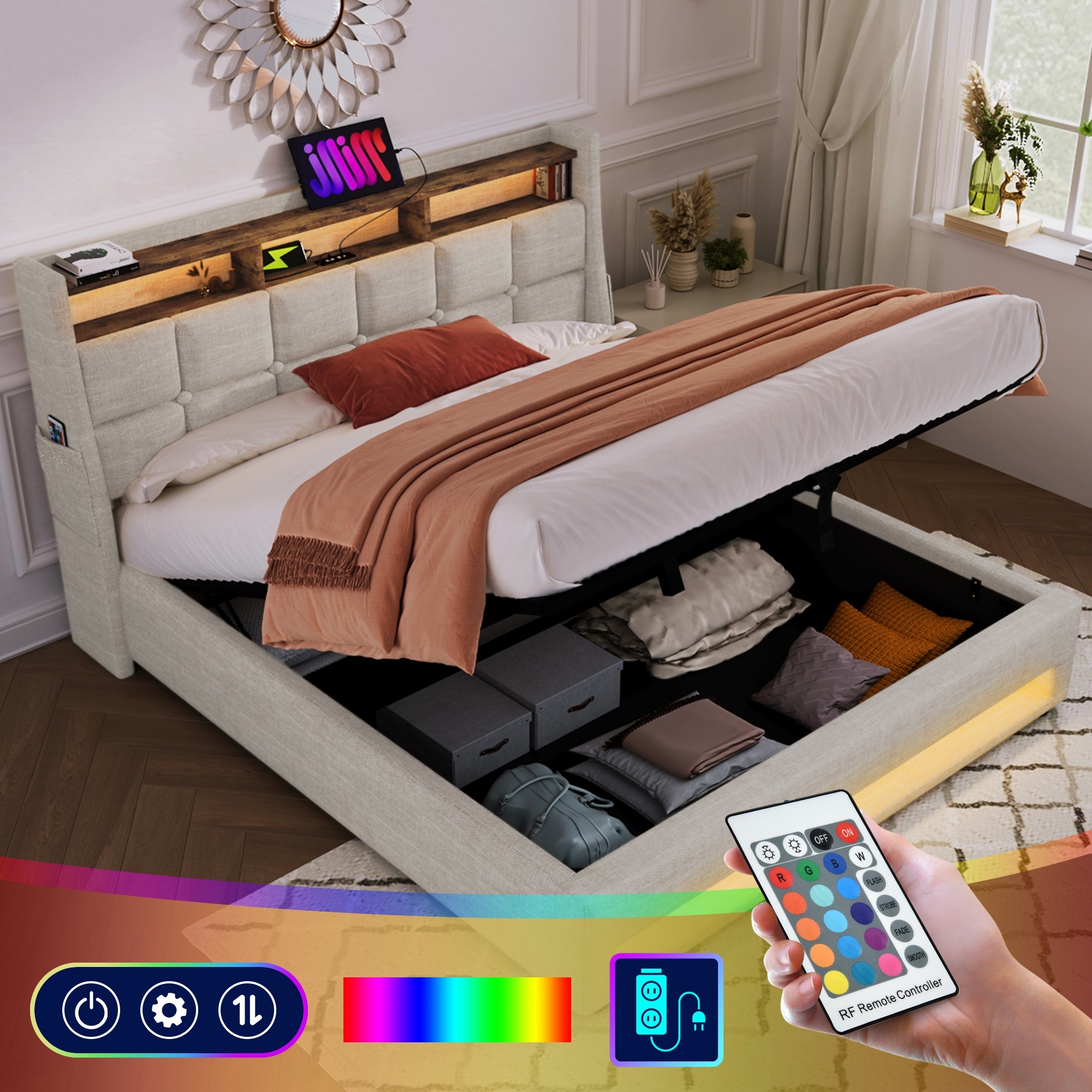 Full/Queen Size Upholstered Platform Bed with Hydraulic Storage, LED & USB Charging for Master Bedrooms, Guest Rooms