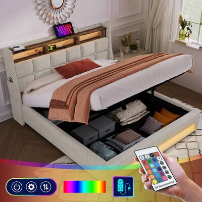 Natural Full Size Upholstered Platform Bed with Hydraulic Storage System, LED and USB Charging
