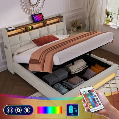 Natural Queen Size Upholstered Bed with Hydraulic Storage, LED, and USB Charging