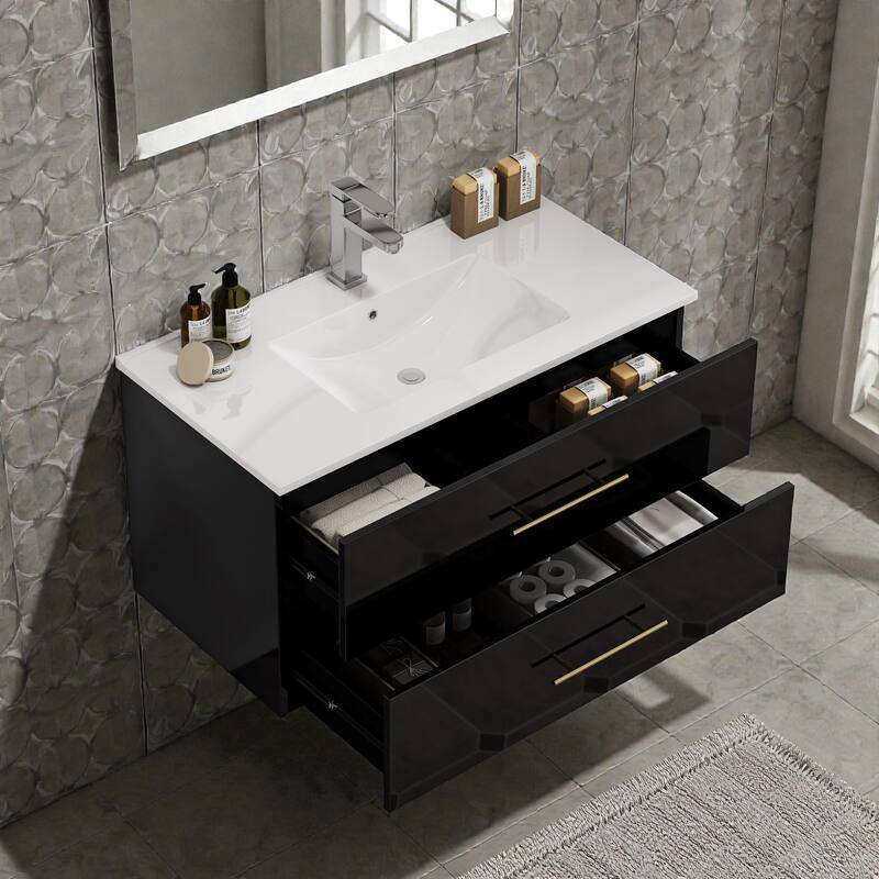 36" Gloss Wall-Mounted Bathroom Vanity with Integrated Ceramic Sink, Double Drawers & Long Gold Metal Handle