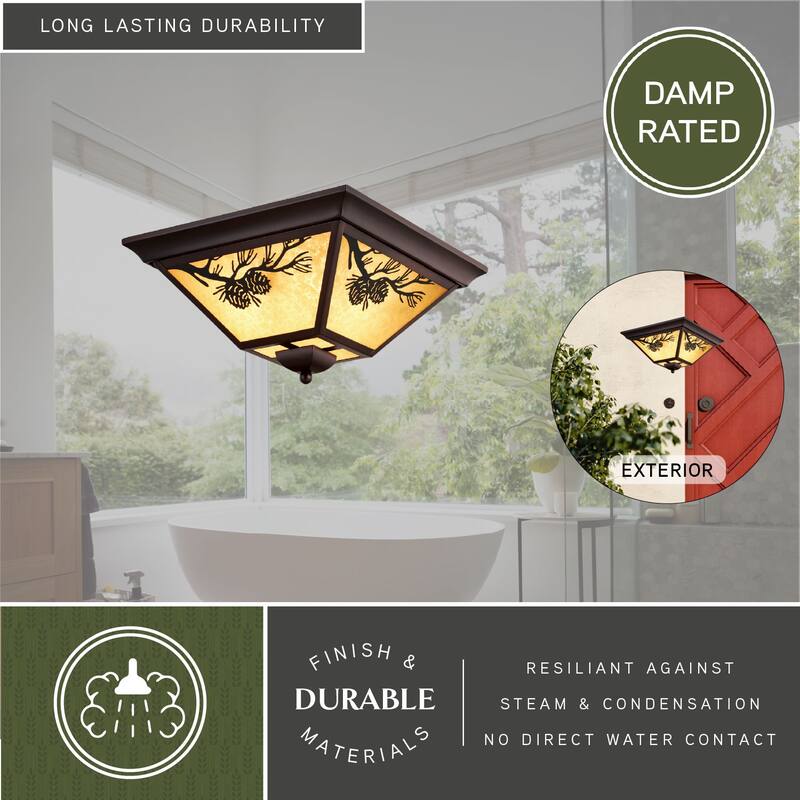 Douglas Warm Bronze Rustic Outdoor Flush Mount Ceiling Light Pine Cone Motif Amber Glass - 14-in W x 7-in H x 14-in D