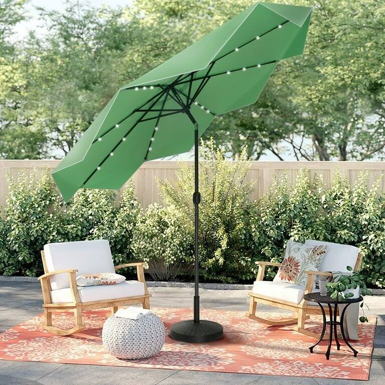 10Ft Patio Ruffled Edge Umbrella Auto-Tilt Crank Umbrella with LED Lights