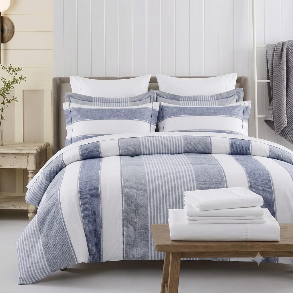 Wilhelm Blue Striped Oversized Natural Cotton 7 Pcs Comforter Set
