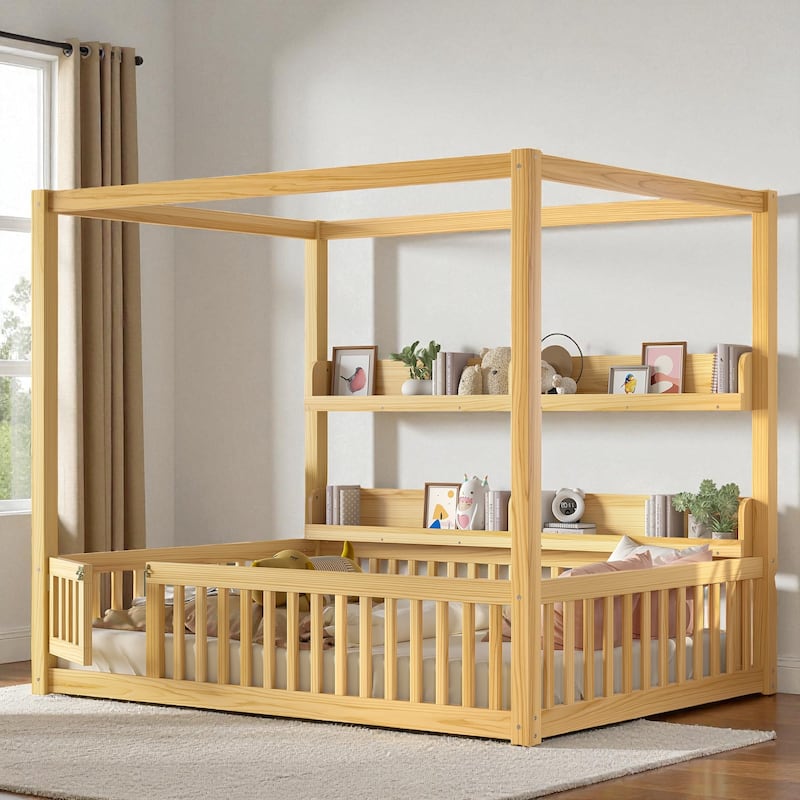 Twin/Full Size Montessori Floor Bed with Canopy and Guardrails, Solid Wood Kids Bed Frame with Shelves, No Box Spring Needed
