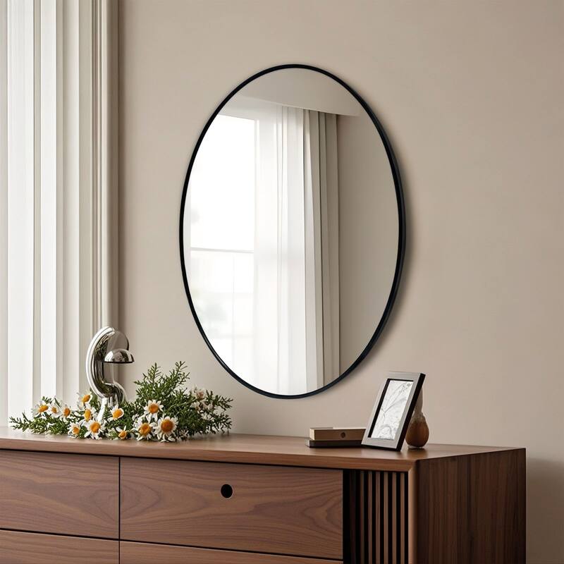 Black Oval Mirror for Bathroom Aluminium Alloy Frame Wall Mount Mirror