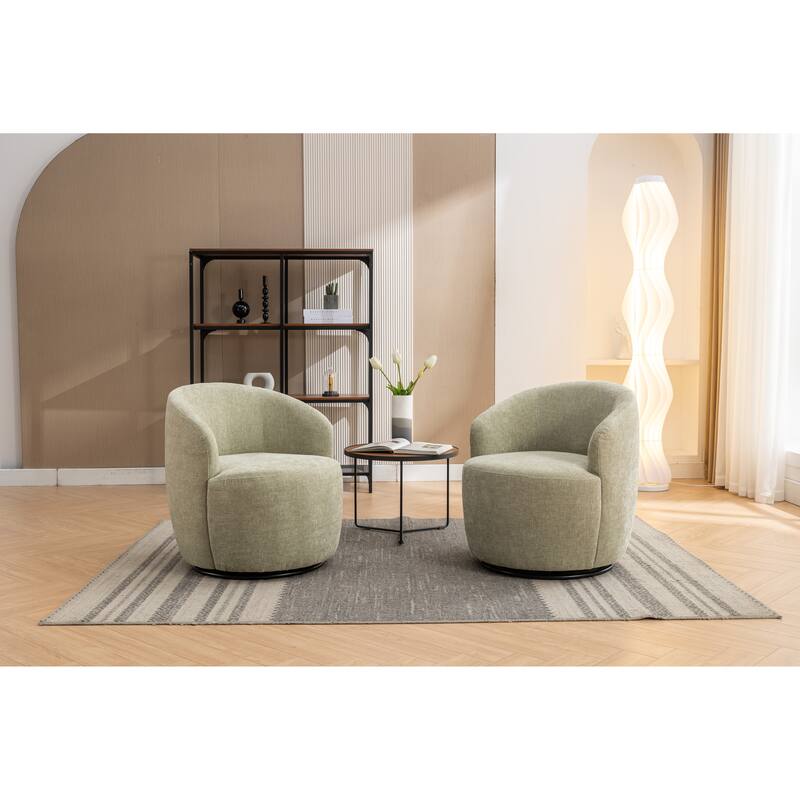 Light Green Chenille Modern 25.6" Upholstered Swivel Barrel Chair with Black Powder Coating and Metal Ring