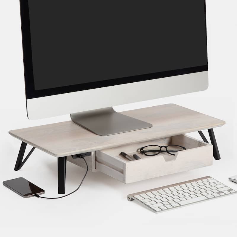 Jani Wood Monitor Stand Riser Desk - Ergonomic Design Stand, Desktop Organizer Table for Home, Office Workspace, Gaming Desk - Off-White