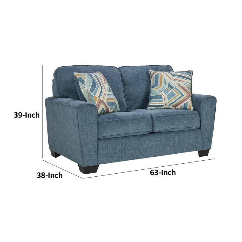 Caten 63 Inch Loveseat, Transitional Polyester, 2 Pillows, Muted Blue