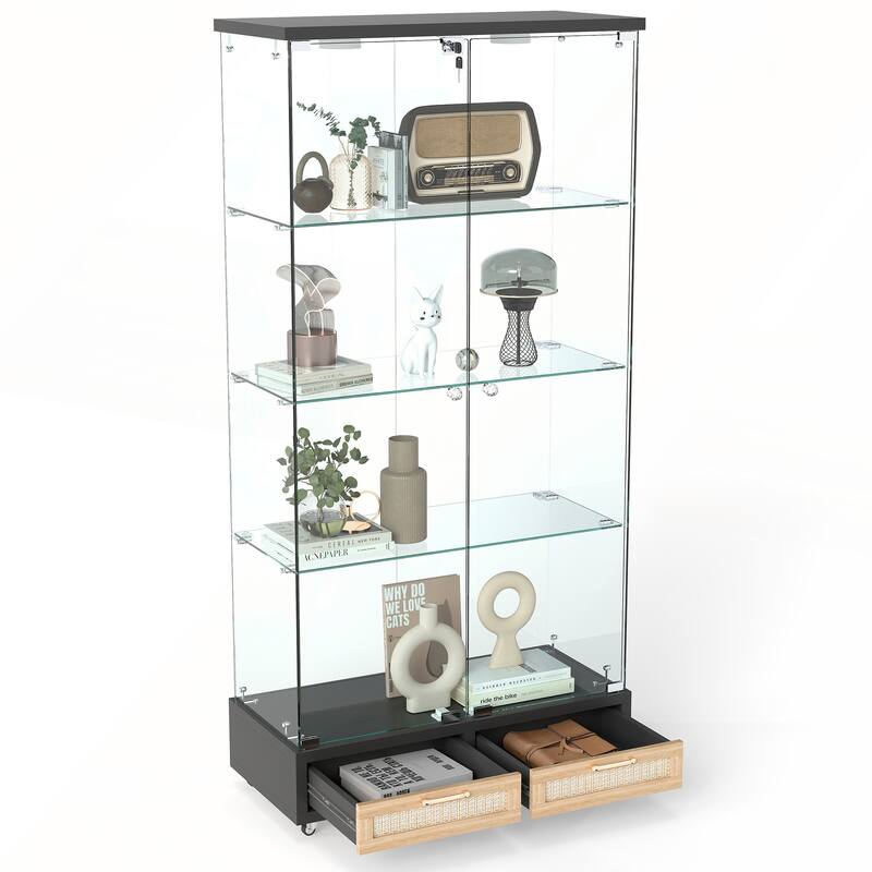 Modern Glass Display Cabinet with Large Drawer for Living Room and Bedroom