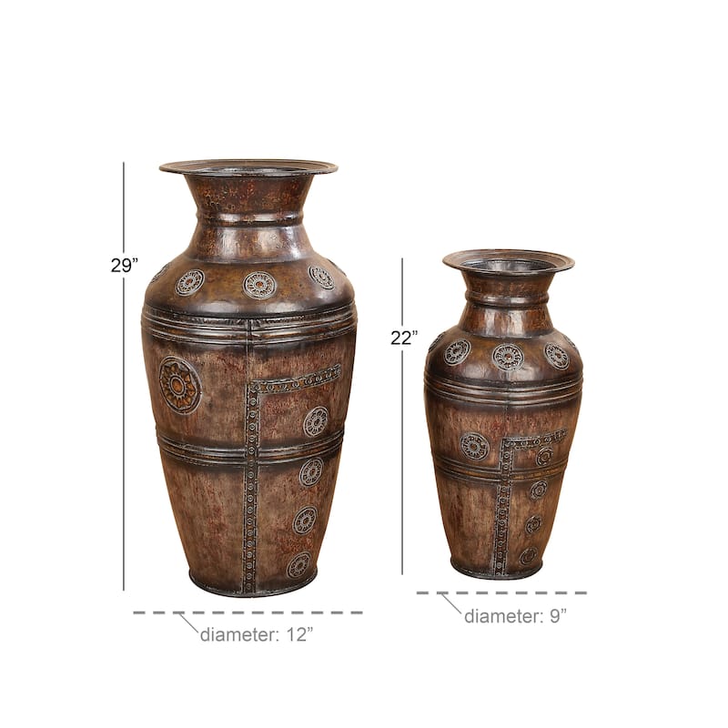 Brown Metal Indoor Outdoor Large Decorative Vase with Floral Relief (Set of 2)