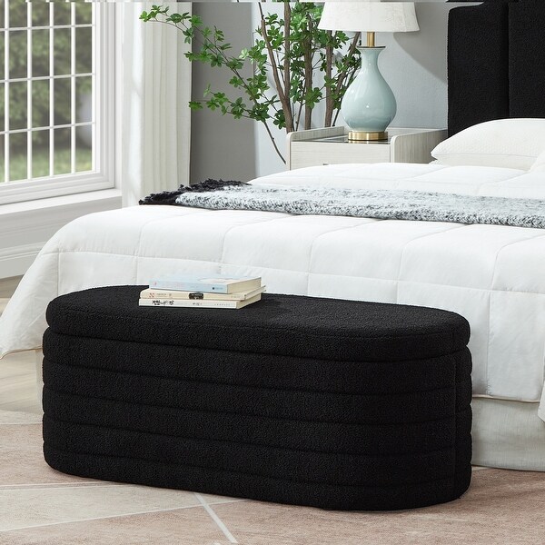 Modern Oval Storage Ottoman Bench Black Boucle Teddy Fabric for