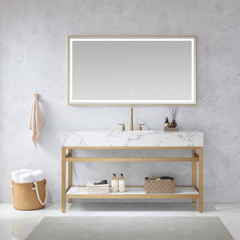 Ecija Bath Vanity, Metal Support with Composite Stone Top and Mirror