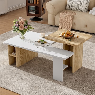 Set of 2 Nesting Coffee Tables Farmhouse,Rectangle Coffee Table Living Room,Wood Finish Coffee Table Set
