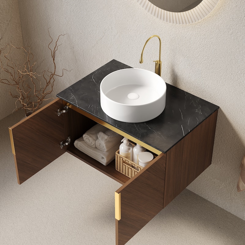 GDF Studio - Arai Modern 30" Floating Bathroom Vanity with Black Sintered Stone Countertop, Ceramic Basin & Double Doors - White