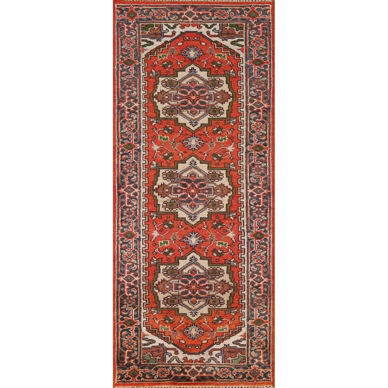 Geometric Heriz Indian Runner Rug Hand-knotted Wool Carpet - 2'7"x 8'0"
