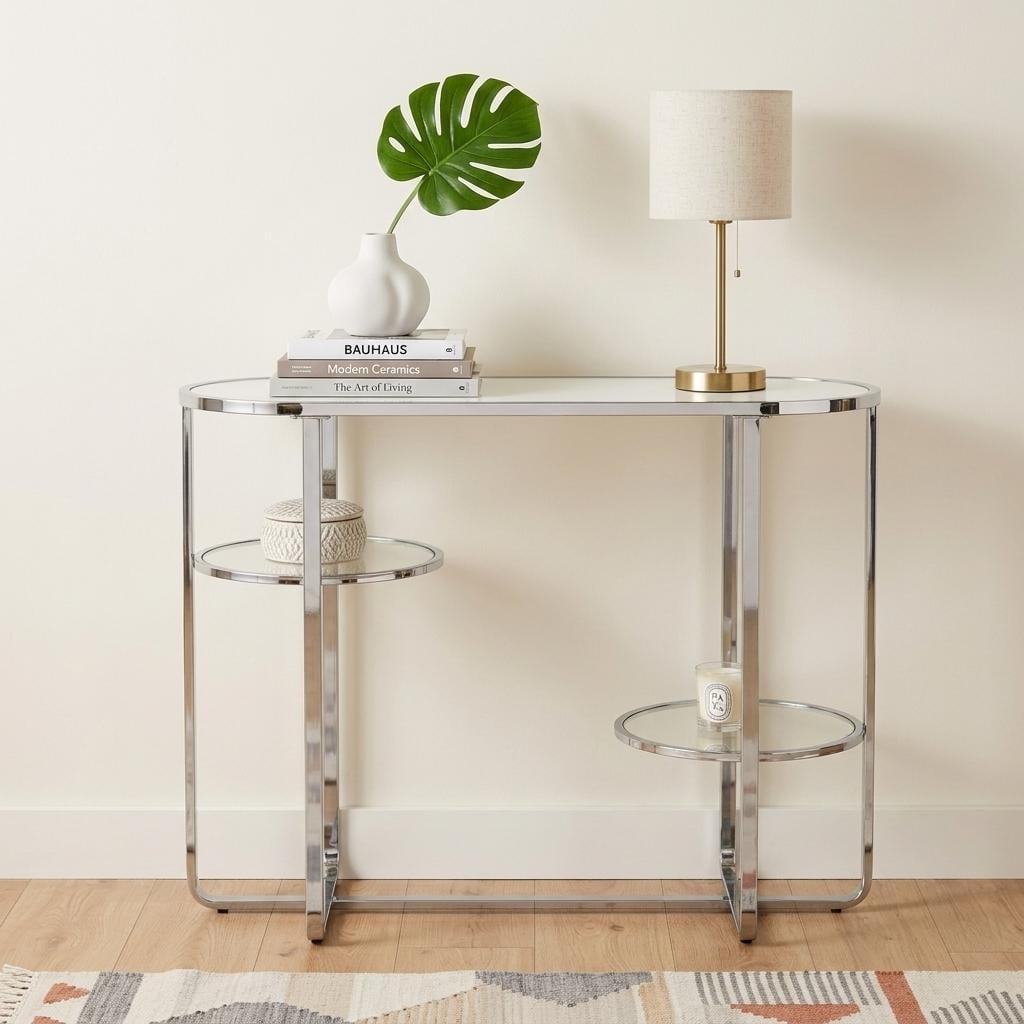 HomeRoots 42" Silver Mirrored Glass and Iron Oval Cross Leg Console Table With Two Shelves - 42.00 in. x 29.75 in. x 16.50 in.