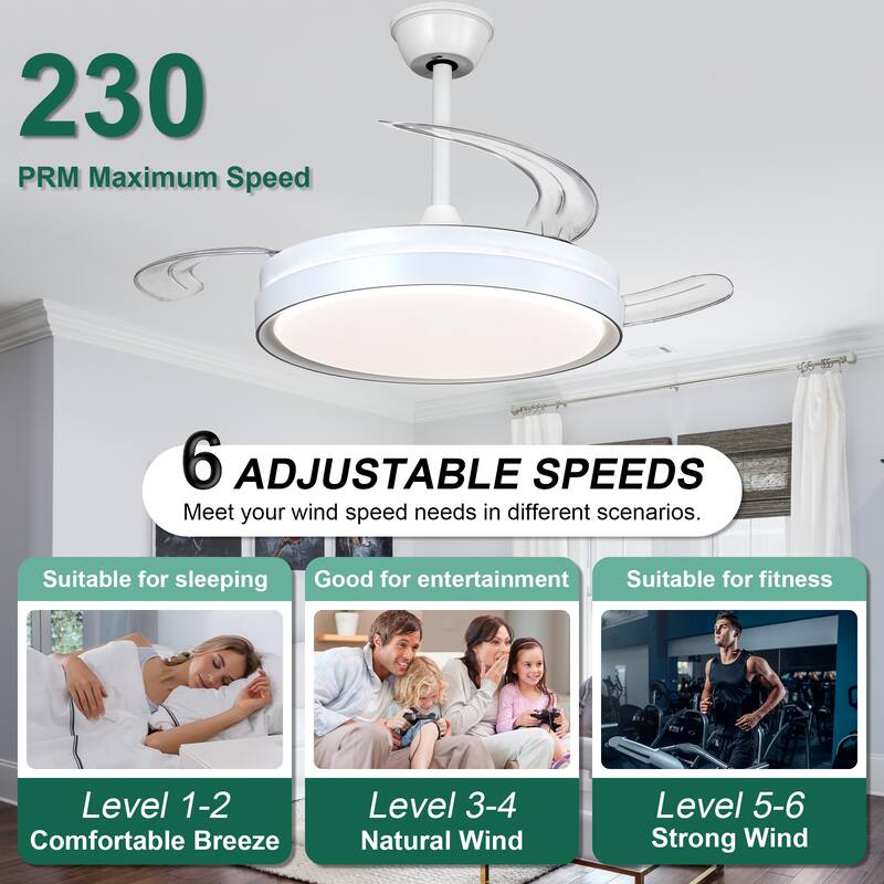 Cusp Barn 42 Inch Retractable Ceiling Fan with Lights, Modern Silent DC Motor 6 Speeds Chandelier Ceiling Fan for Bedroom
