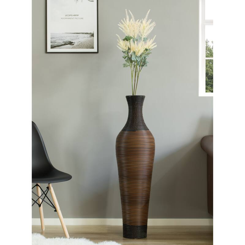 39-Inch Tall Standing Designer Floor Vase - Durable Artificial Rattan - Elegant Two-Tone Dark Brown Finish - Ideal Decor Accent