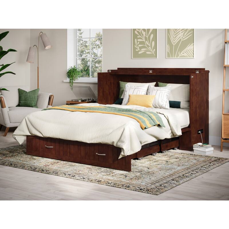 Solid Wood Murphy Bed Chest with Mattress & USB Charger - Walnut Finish, Space Saving Furniture