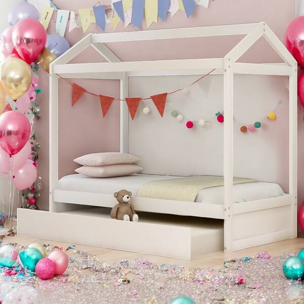 slide 2 of 8, Twin Size House Bed With Trundle,Can Be Decorated For Bedroom White