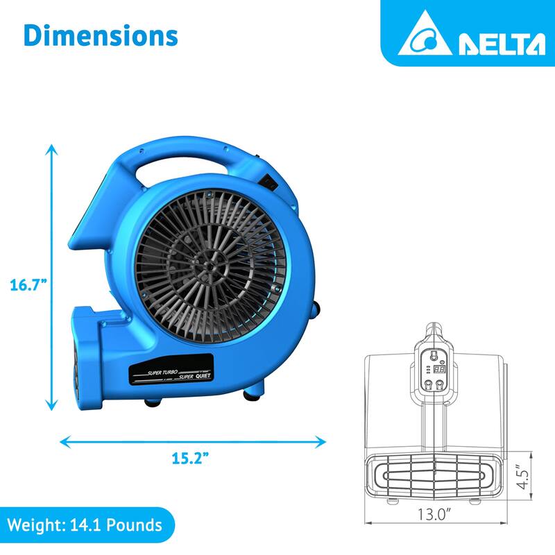 Delta Breez AirMover Powerful 3 Speed Quiet Operation Dryer Fan, 1200 CFM, Blue - 12.4