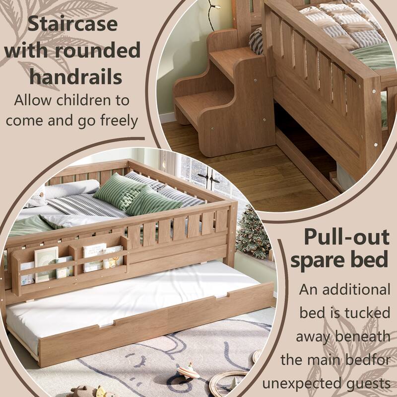 Full/Twin Size Wood Bed with Built-in Bookshelves and Storage Staircase, Safety Rails and Trundle Bed