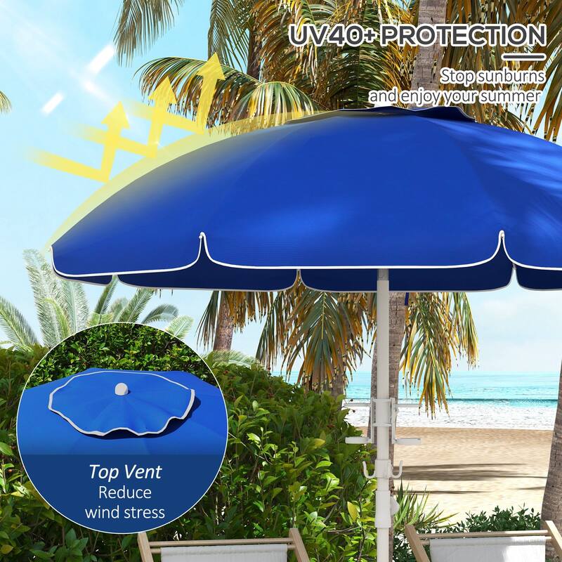 5.7' Portable Beach Umbrella with Tilt, Adjustable Height, 2 Cup Holders & Hooks, UV 40+ Ruffled Outdoor Umbrella