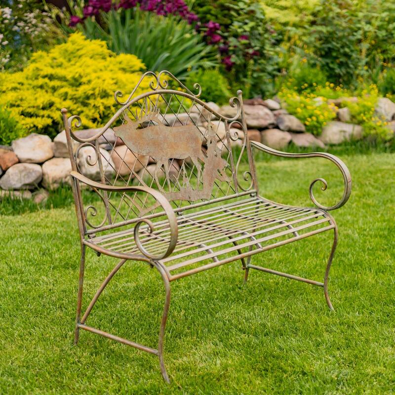 Iron Garden Bench with Moose and Evergreen Silhouette "The Highlands" - 43.7" L x 20.47" W x 40.55" H