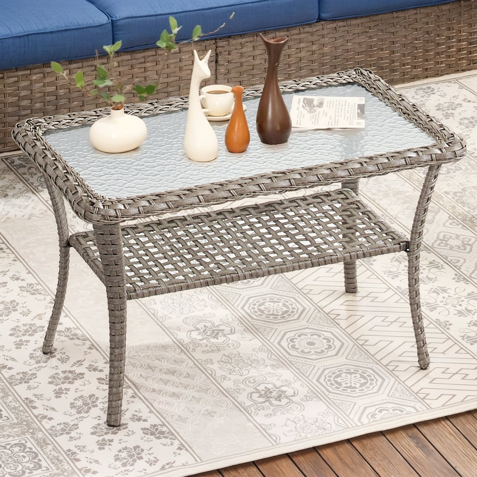 Patio Wicker Side Table Outdoor -Grey