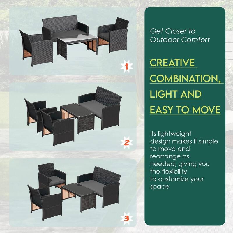 EROMMY 4-Piece Patio Furniture Set with Cushions, Wicker Sofa and Glass Coffee Table, All-Weather PE Rattan Conversation Set