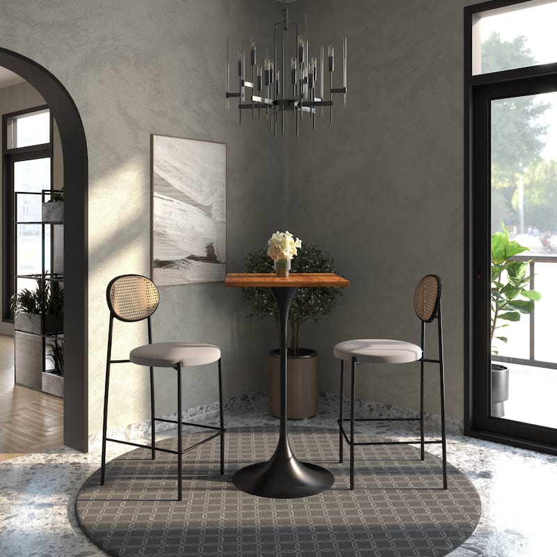 Verve 43 in. Tall Bar Height Dining Table Square MDF Wood Tabletop in White Stainless Steel Pedestal Base Accent Bar Table