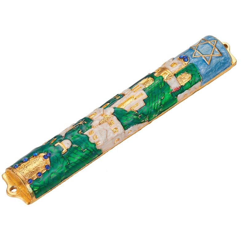 Matashi Hand Painted 5.5" Blue and Ivory Enamel Jerusalem Cityscape Mezuzah Embellished with Gold Accents and Star of David