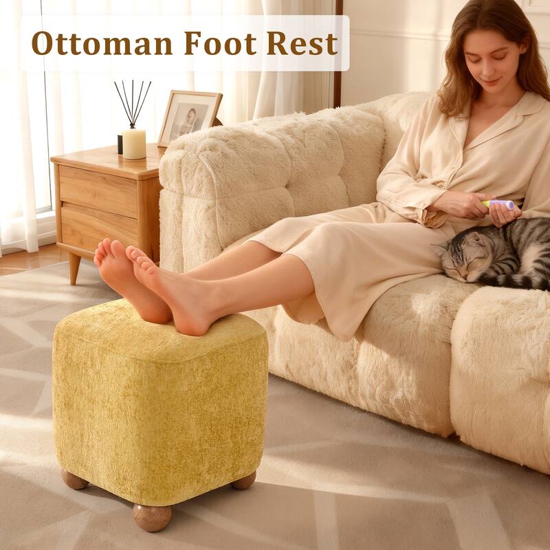 Chenille Upholstered Pouf Ottoman Footstool Acacia Solid Wood Footrest