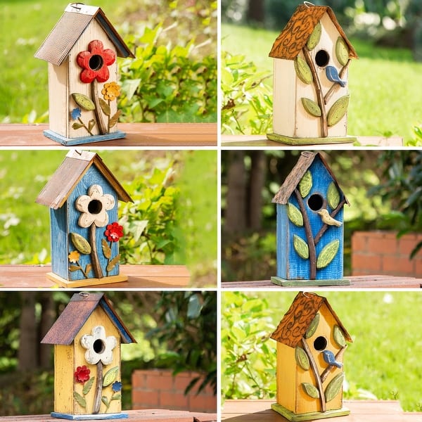 slide 2 of 64, Glitzhome 10"H Multicolor Cute Distressed Solid Wood Birdhouse with 3D Flowers