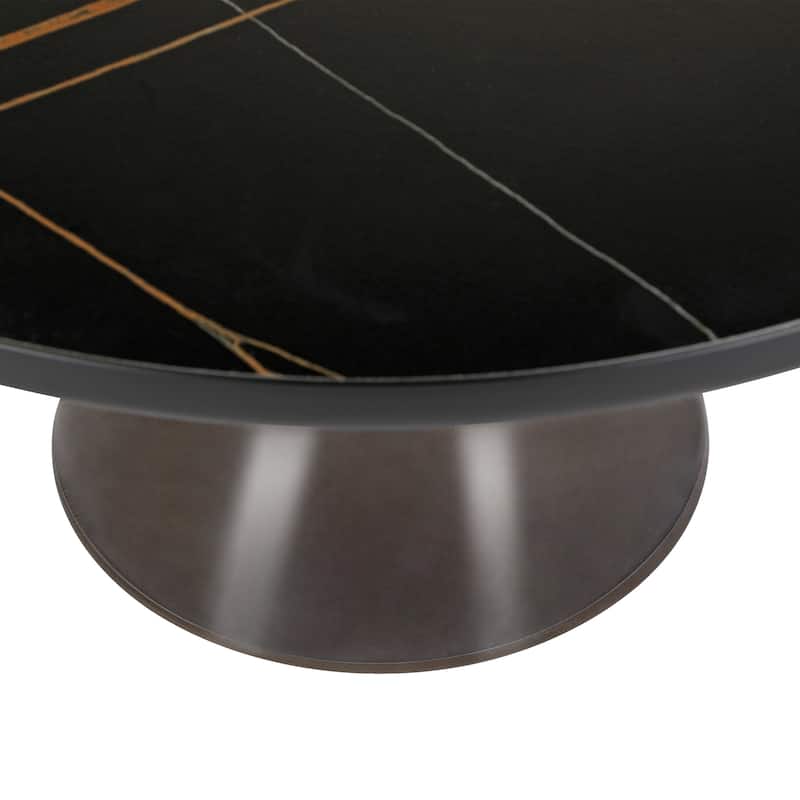 30-Inch Round Coffee Table Glass/Stone Tabletop with Black Iron Rim Frame Glass Pedestal Base