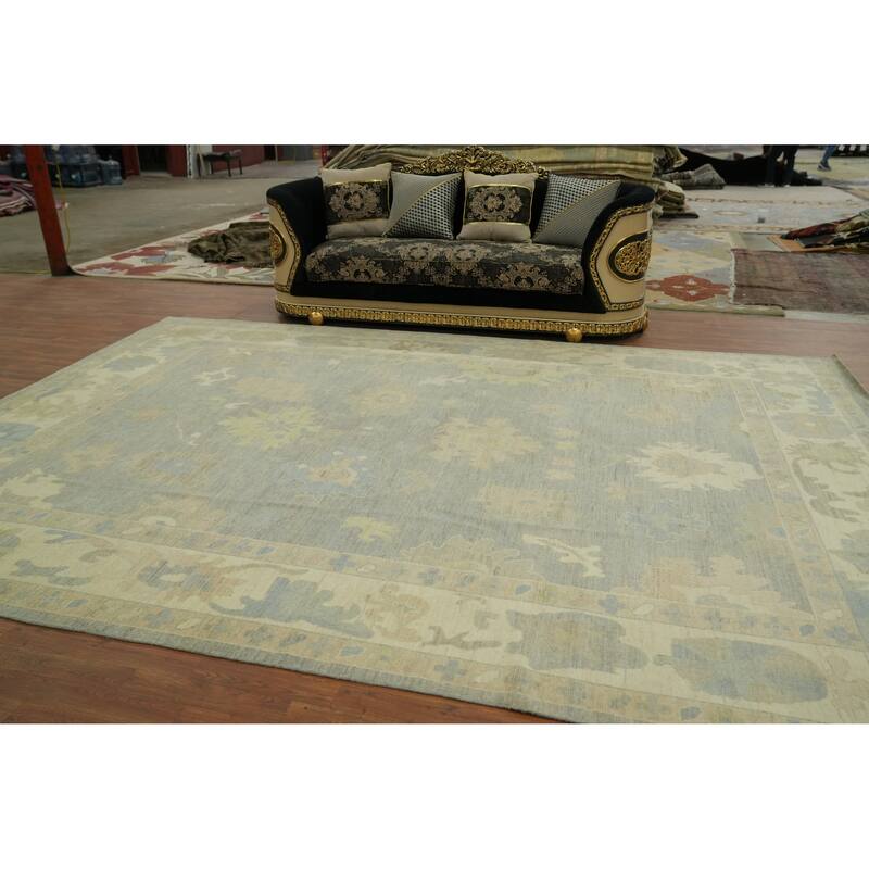 Handmade Gray Oushak Vegetable Dye Large Rug, Floral Geometric Carpet - 14' 0'' X 10' 1''
