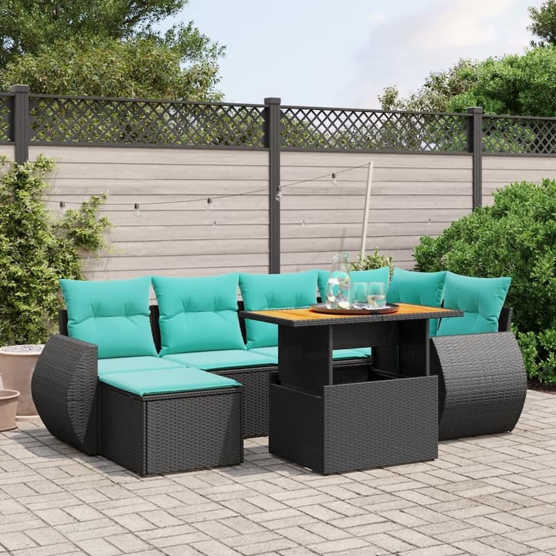vidaXL Patio Sofa Set with Cushions Outdoor Furniture 7 Piece Poly Rattan - 21.7 x 24.4 x 27.2 - Black