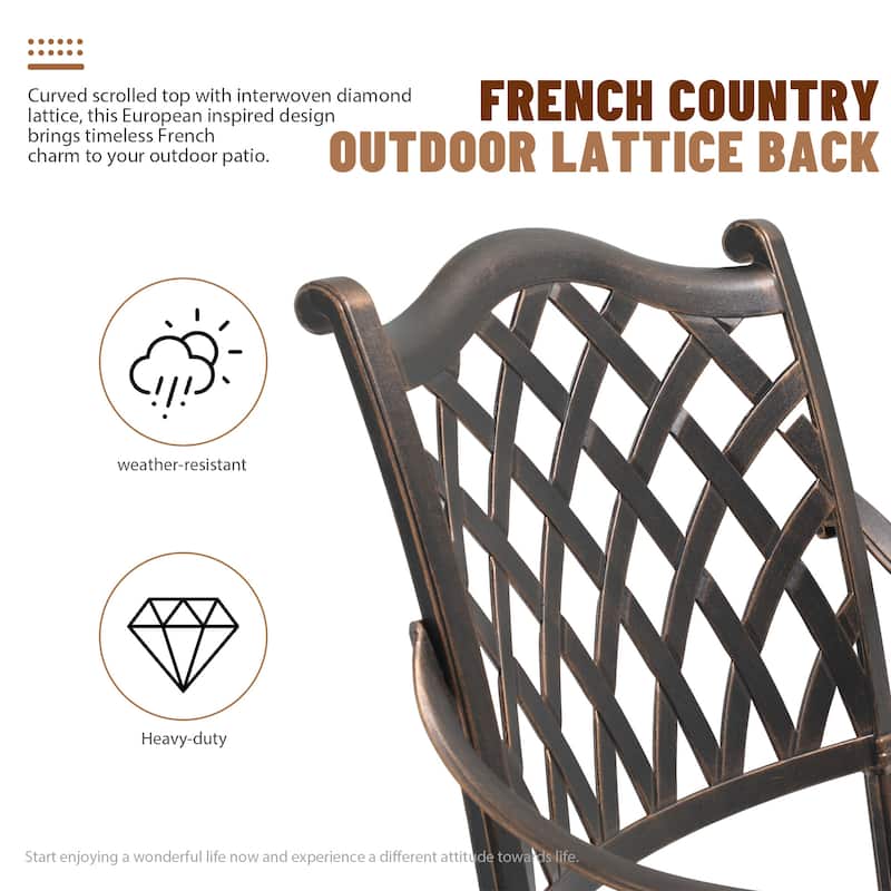 Outdoor Dining Chairs Bronze Cast Aluminum French European Inspired Design with Cushion Set of 2