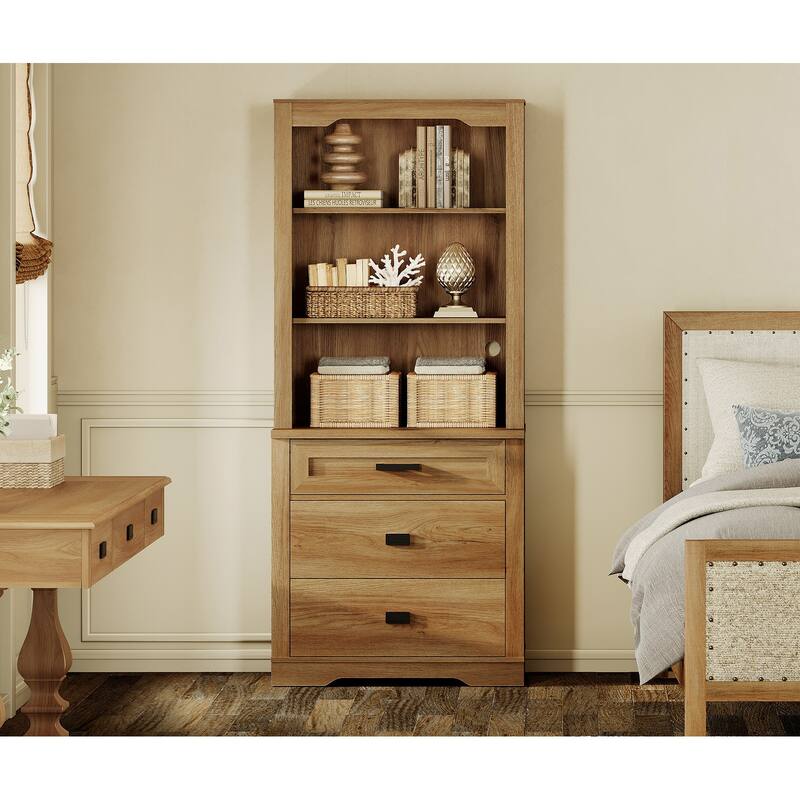 3 Tier Bookcase with Drawer,73.3" Tall Floor Standing Bookshelf