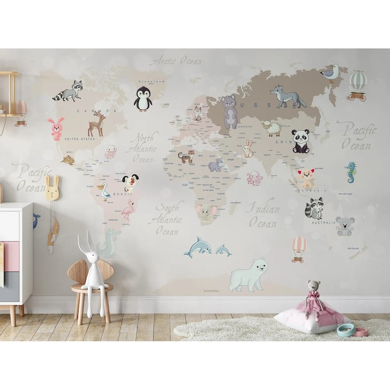 Kids World Map Baby Land and Sea Creatures Animals Oceans Wallpaper ...
