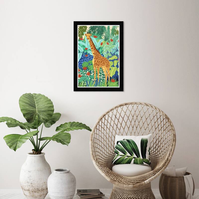 Wynwood Studio Prints Animals Giraffe in the Leaves Green and Tropical Wall Art Canvas Print - Black